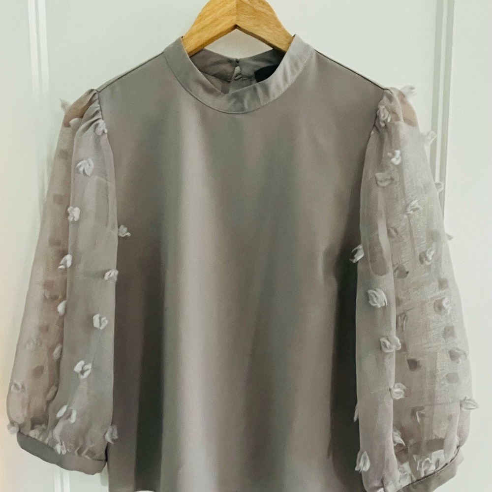 Elegant Gray Women's Top with Sheer Sleeves